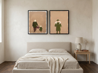 Father & Child with Shepherd — Set of 2 Original Oils, Moss & Clay — original hand-painted oil shown on the wall in a styled room