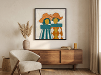 Two Ladies in Hats Wall Art — Original Palette-Knife Oil, Orange & Teal — original hand-painted oil shown on the wall in a styled room