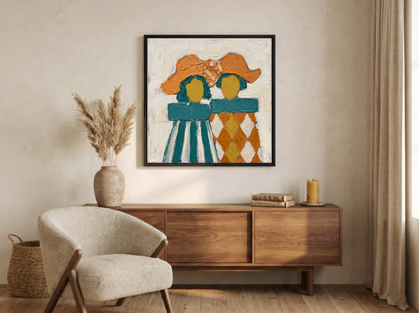 Two Ladies in Hats Wall Art — Original Palette-Knife Oil, Orange & Teal