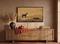 Standing and Resting Horses Wide Wall Art — Original Palette-Knife Oil, Navy & Golden Ochre — original hand-painted oil shown on the wall in a styled room