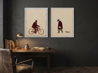Cyclist & Newspaper Man — Set of 2 Original Oils, Wine & Oat — original hand-painted oil shown on the wall in a styled room