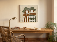 Two Ladies in Hats Wall Art — Original Palette-Knife Oil, Olive & Sienna — original hand-painted oil shown on the wall in a styled room