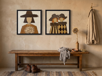 Bouquet Woman & Two Sisters — Set of 2 Original Oils, Chocolate & Gold — original hand-painted oil shown on the wall in a styled room