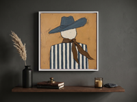 Cowgirl from Behind Wall Art — Original Palette-Knife Oil, Slate Blue & Ochre — original hand-painted oil shown on the wall in a styled room