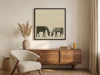 Two Grazing Horses Wall Art — Original Palette-Knife Oil, Olive & Grey — original hand-painted oil shown on the wall in a styled room