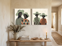 Women in Hats, Two Pairs — Set of 2 Original Oils, Sage & Terracotta — original hand-painted oil shown on the wall in a styled room