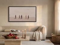 Five Walkers Wide Wall Art — Original Oil Landscape, Mauve & Rose-Brown — original hand-painted oil shown on the wall in a styled room