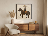 Cowboy on Horseback Wall Art — Original Palette-Knife Oil, Brown & Ochre — original hand-painted oil shown on the wall in a styled room