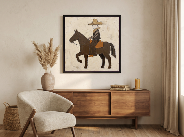 Cowboy on Horseback Wall Art — Original Palette-Knife Oil, Brown & Ochre