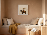 Cowboy on Horseback Wall Art — Original Palette-Knife Oil, Brown & Rust — original hand-painted oil shown on the wall in a styled room