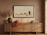 Shepherd and Flock Wide Wall Art — Original Oil Landscape, Chocolate & Rust — original hand-painted oil shown on the wall in a styled room