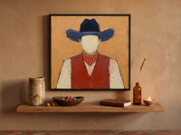 Cowboy in a Vest Wall Art — Original Palette-Knife Oil, Navy & Rust — original hand-painted oil shown on the wall in a styled room