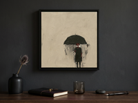 Woman Under a Black Umbrella Wall Art — Original Oil, Charcoal & Oxblood — original hand-painted oil shown on the wall in a styled room