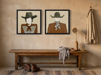 Cowboy Pair, Gingham & Floral — Set of 2 Original Oils, Olive & Caramel — original hand-painted oil shown on the wall in a styled room