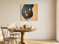 Dark Monolith Abstract Wall Art — Original Palette-Knife Oil, Navy & Ochre — original hand-painted oil shown on the wall in a styled room