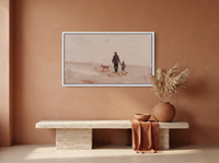 Father, Child and Dog Walking Wide Wall Art — Original Oil Landscape, Mauve & Rose-Brown — original hand-painted oil shown on the wall in a styled room