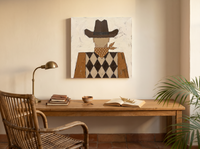 Harlequin Cowboy Wall Art — Original Palette-Knife Oil, Brown & Tan — original hand-painted oil shown on the wall in a styled room