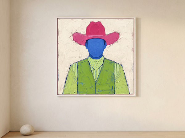 Cowboy in a Vest Wall Art — Original Palette-Knife Oil, Raspberry & Lime