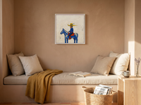 Cowboy on Horseback Wall Art — Original Pop-Colour Oil, Cobalt & Yellow — original hand-painted oil shown on the wall in a styled room