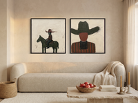 Rider & Cowboy — Set of 2 Original Oils, Olive & Oxblood — original hand-painted oil shown on the wall in a styled room