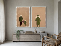 Father & Child with Shepherd — Set of 2 Original Oils, Moss & Clay — original hand-painted oil shown on the wall in a styled room