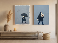 Woman with Umbrella & Woman with Bouquet — Set of 2 Original Oils, Charcoal & Slate — original hand-painted oil shown on the wall in a styled room
