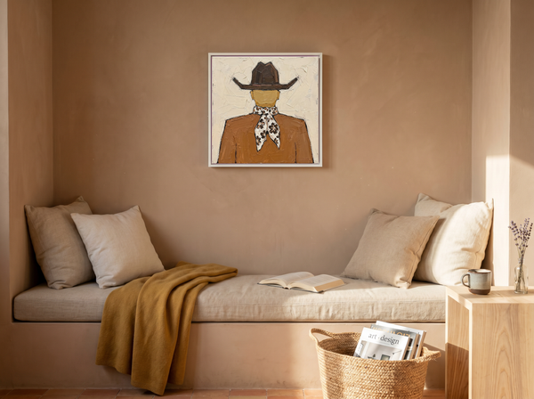 Cowboy from Behind Wall Art — Original Palette-Knife Oil, Brown & Cream