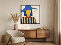 Lady in a Cobalt Hat Wall Art — Original Palette-Knife Oil, Cobalt & Yellow — original hand-painted oil shown on the wall in a styled room