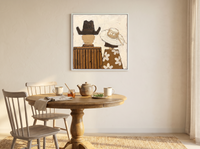 Cowboy & Cowgirl from Behind Wall Art — Original Palette-Knife Oil, Brown & Cream — original hand-painted oil shown on the wall in a styled room