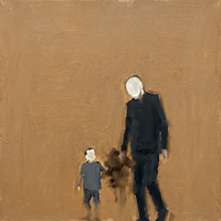 Original oil painting of a man in a deep navy-teal coat with a cream head walking with a small child in slate navy, a brown smudge at their joined hands, on a golden ochre ground