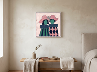 Two Ladies in Hats Wall Art — Original Palette-Knife Oil, Rose & Emerald — original hand-painted oil shown on the wall in a styled room