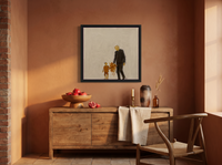 Father & Child Walking Wall Art — Original Palette-Knife Oil, Chocolate & Rust — original hand-painted oil shown on the wall in a styled room