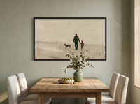 Father, Child and Dog Walking Wide Wall Art — Original Oil Landscape, Dark Olive & Oxblood — original hand-painted oil shown on the wall in a styled room