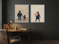 Father & Child with Woman & Bouquet — Set of 2 Original Oils, Indigo & Coral — original hand-painted oil shown on the wall in a styled room