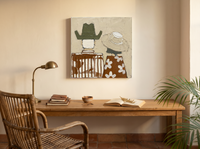 Cowboy & Cowgirl from Behind Wall Art — Original Palette-Knife Oil, Olive & Cream — original hand-painted oil shown on the wall in a styled room