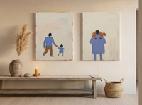 Father & Child with Shepherd — Set of 2 Original Oils, Periwinkle & Caramel — original hand-painted oil shown on the wall in a styled room