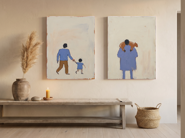Father & Child with Shepherd — Set of 2 Original Oils, Periwinkle & Caramel