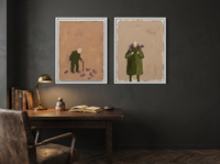 Pigeon-Feeder & Shepherd — Set of 2 Original Oils, Moss & Clay — original hand-painted oil shown on the wall in a styled room