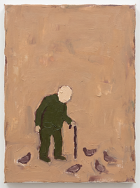 Oil painting of a hunched old man in a moss-green coat with a pale head, leaning on a cane over dark pigeons on a warm clay-tan ground.