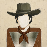 Original oil painting of a faceless cowboy in a dark olive hat with a brown neckerchief over a grey-olive gingham shirt, on a cream ground