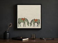 Two Grazing Horses Wall Art — Original Palette-Knife Oil, Sage & Terracotta — original hand-painted oil shown on the wall in a styled room