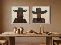 Cowgirl and Cowboy — Set of 2 Original Oils, Olive & Oxblood — original hand-painted oil shown on the wall in a styled room