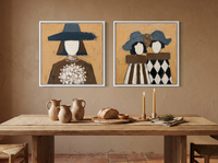 Bouquet Woman & Two Sisters — Set of 2 Original Oils, Slate Blue on Ochre — original hand-painted oil shown on the wall in a styled room
