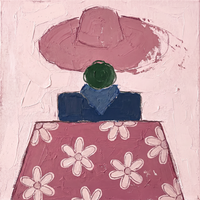 Original oil painting of a woman from behind in a wide mauve hat over a rose skirt scattered with pale-pink daisies, with navy shoulders on a blush ground