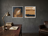 Arch & Bands — Set of 2 Original Oils, Ochre & Navy — original hand-painted oil shown on the wall in a styled room