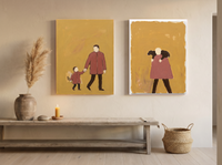 Father & Child with Shepherd — Set of 2 Original Oils, Clay-Rose & Mustard — original hand-painted oil shown on the wall in a styled room