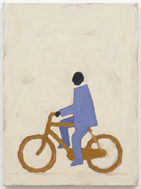 Oil painting of a man in a periwinkle-blue coat riding a bicycle to the left, the wheels two dark circles, on a pale oat-cream ground.
