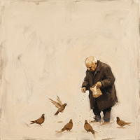 Original oil painting of a hunched bald old man in a dark chocolate coat scattering crumbs from a paper bag to five warm-brown pigeons, on a cream ground