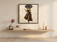 Walking Lady in a Wide Hat Wall Art — Original Palette-Knife Oil, Espresso & Gold — original hand-painted oil shown on the wall in a styled room