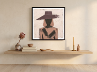 Woman in a Wide Hat Wall Art — Original Palette-Knife Oil, Mauve & Charcoal — original hand-painted oil shown on the wall in a styled room